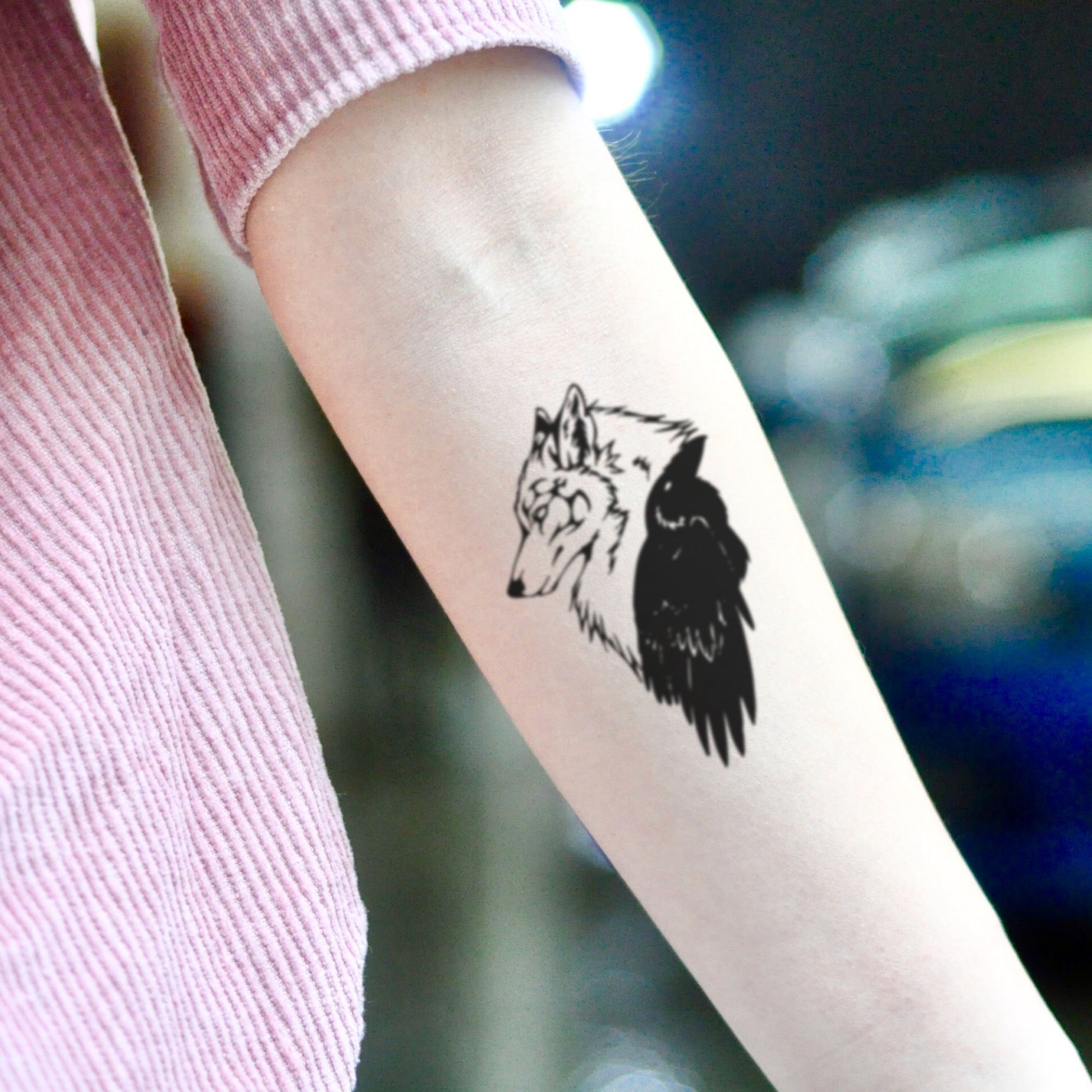 fake small wolf and raven cub animal temporary tattoo sticker design idea on inner arm