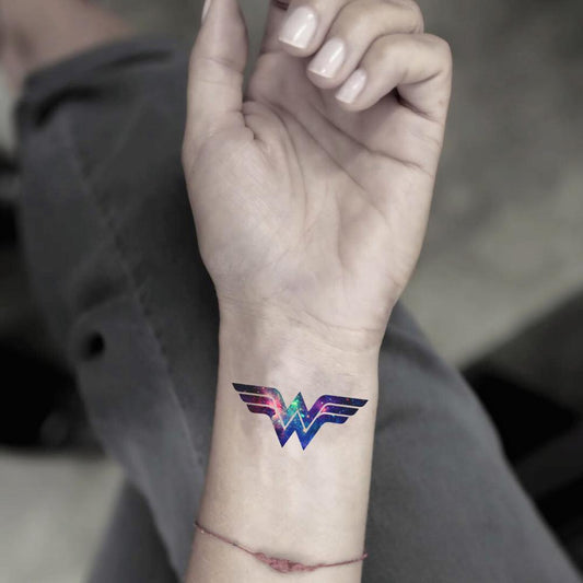 fake small wonder woman color temporary tattoo sticker design idea on wrist