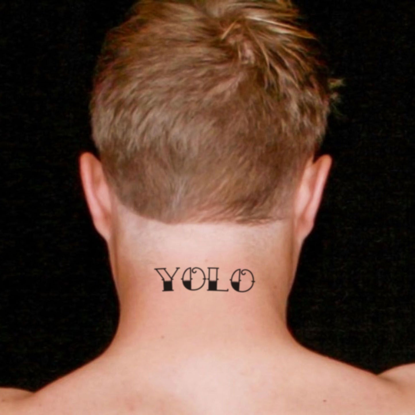 fake small yolo - you only live once acronym lettering temporary tattoo sticker design idea on neck