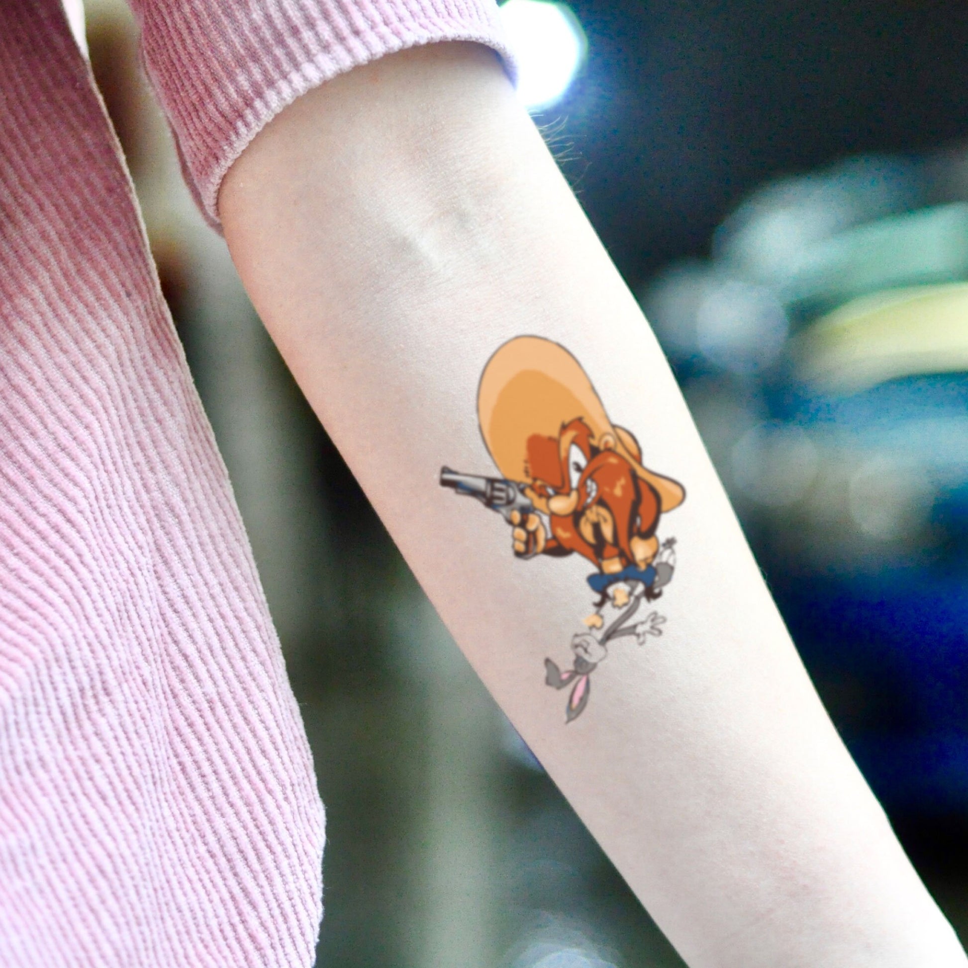 fake small yosemite sam yosemity looney toons cartoon temporary tattoo sticker design idea on inner arm