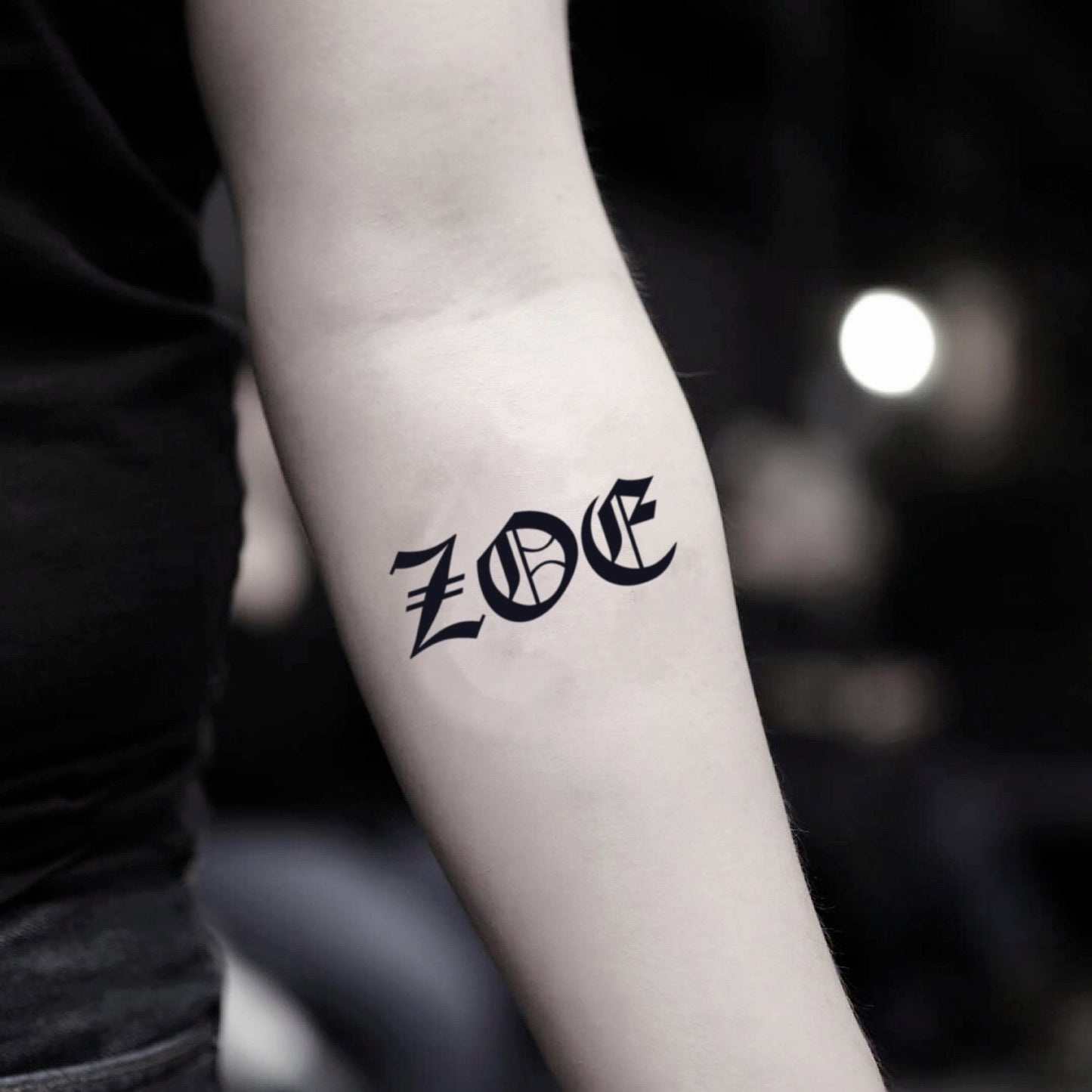 fake small zoe lettering temporary tattoo sticker design idea on inner arm