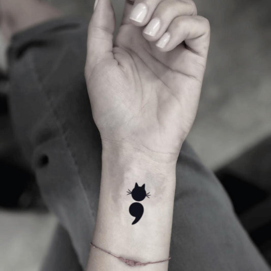 fake tiny cat semicolon animal temporary tattoo sticker design idea on wrist