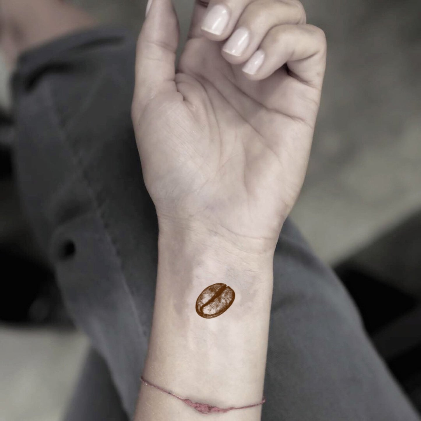 fake tiny coffee bean food color temporary tattoo sticker design idea on wrist
