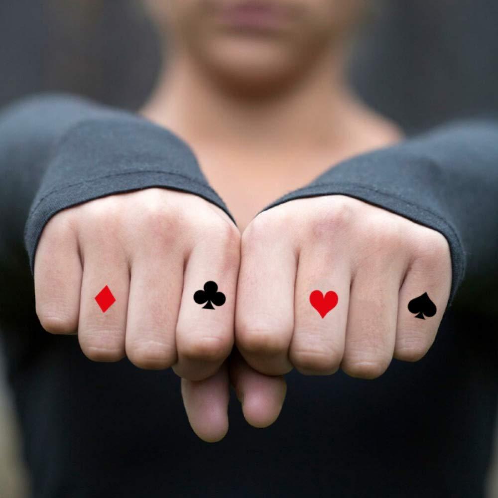 fake tiny playing card symbols minimalist color temporary tattoo sticker design idea on finger