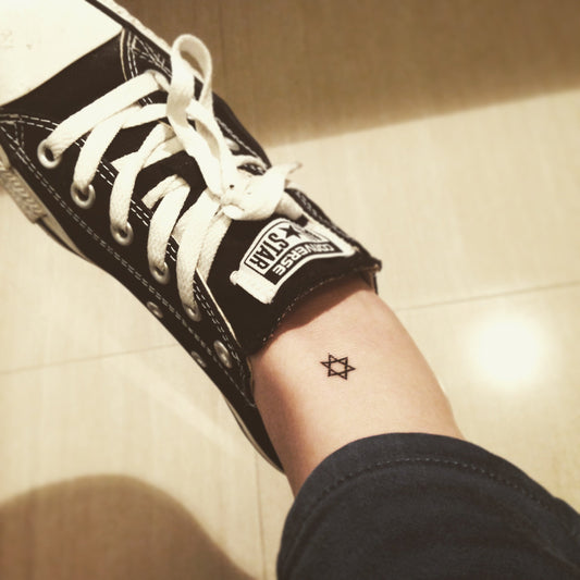 fake tiny small little star of david minimalist temporary tattoo sticker design idea on ankle