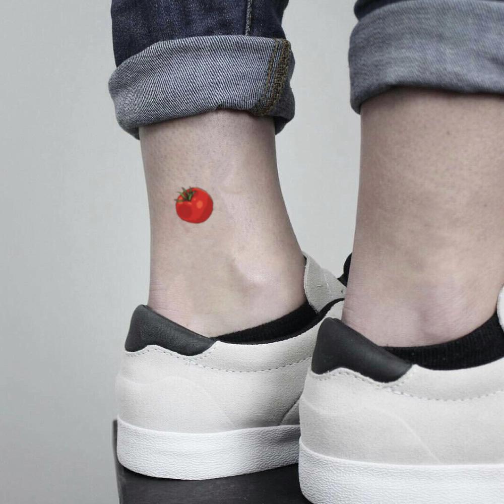 fake tiny small tomato plant color food temporary tattoo sticker design idea on ankle