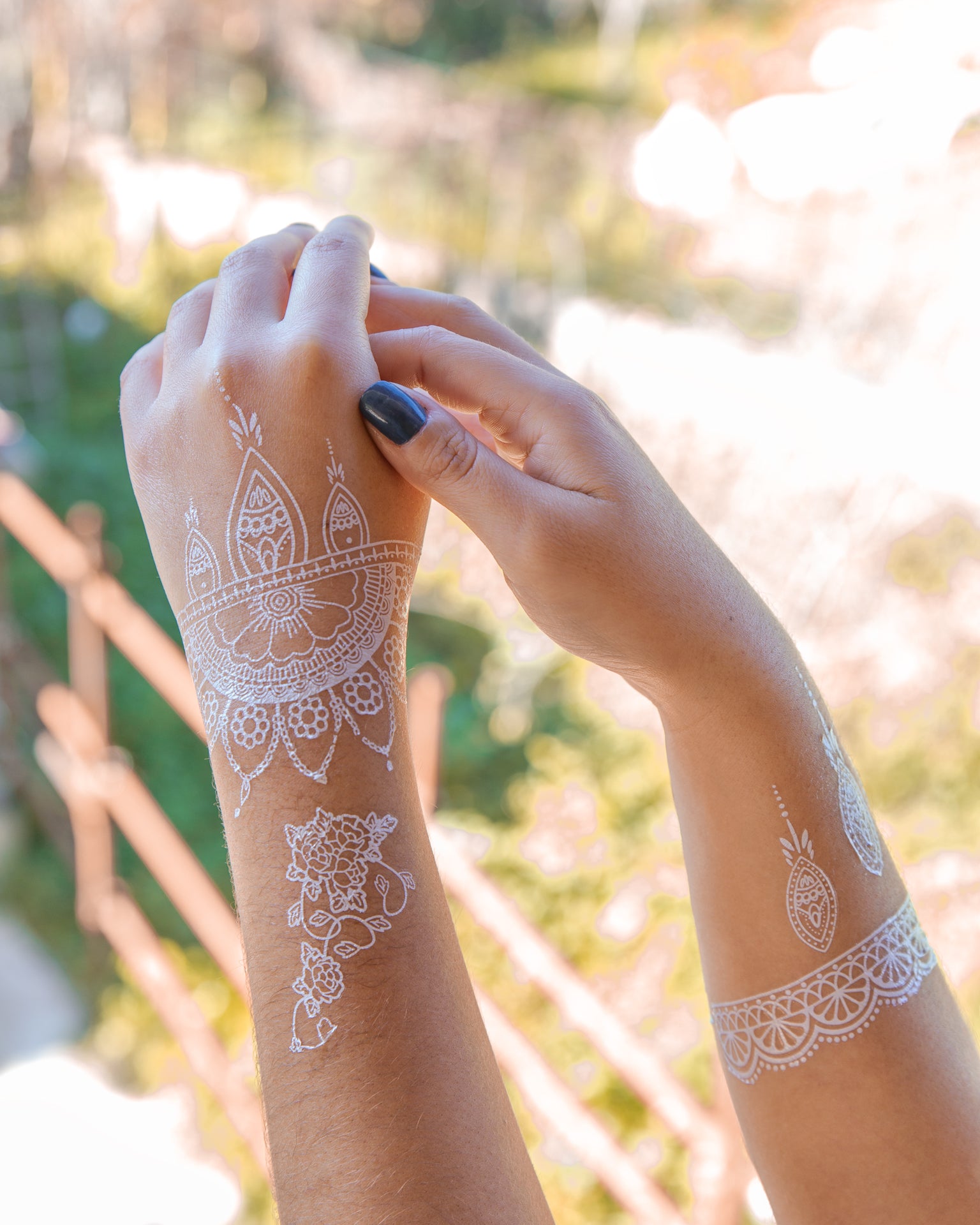 fake white color henna hena mehndi bridal body art temporary tattoo sticker design idea on hand palm arm